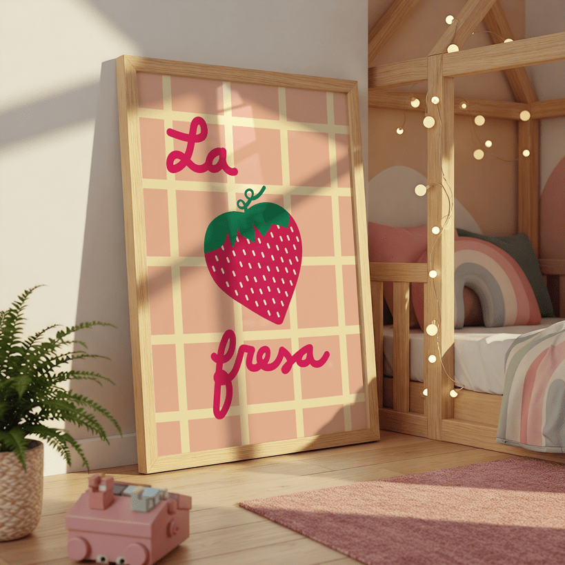 Gingham Strawberry Print - kids art decor